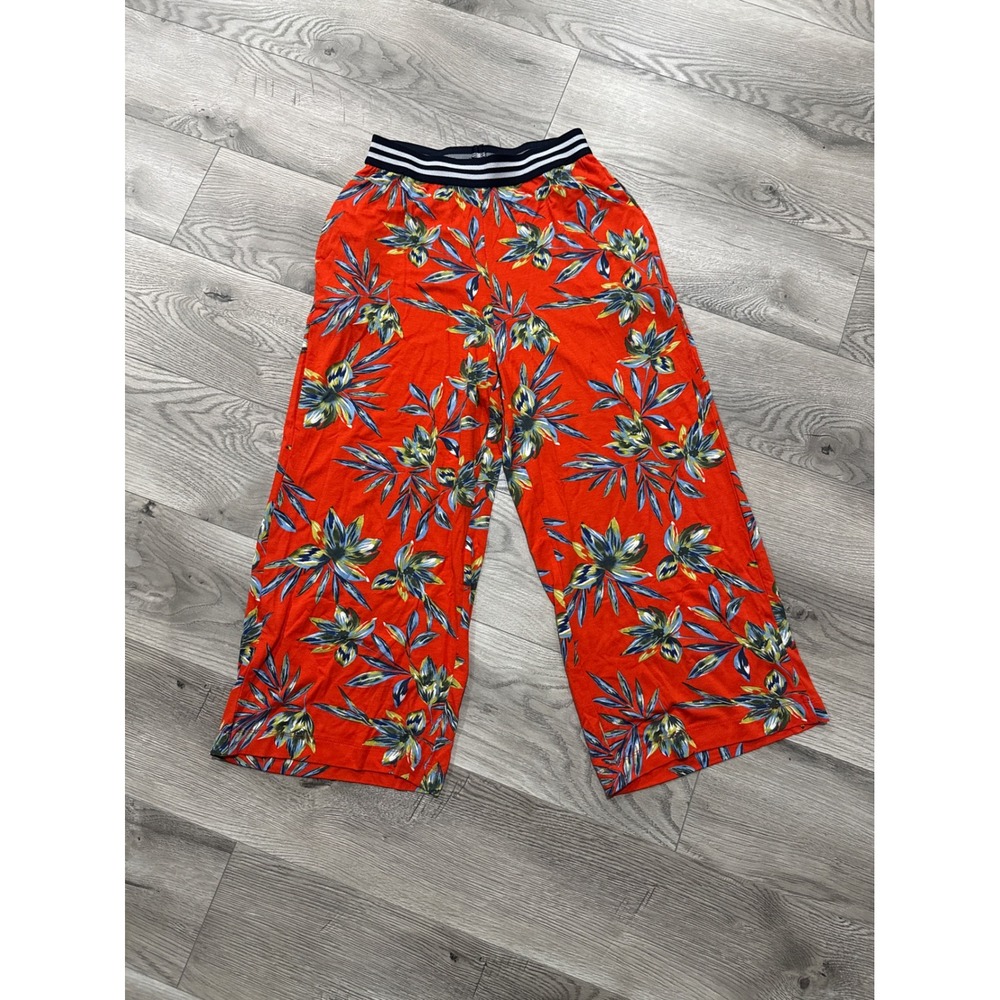 Lascana Women Red Tropical Floral Wide Leg Pants Striped Waistband Size 2 NWT